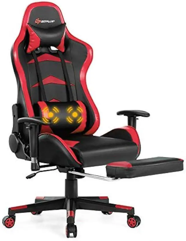 Main image of Goplus Massage Gaming Chair, Reclining Backrest, Handrails and Seat Height Adjustment Racing Computer Office Chair, High Back Ergonomic PU Leather Swivel PC Game Chair with Footrest (Red)