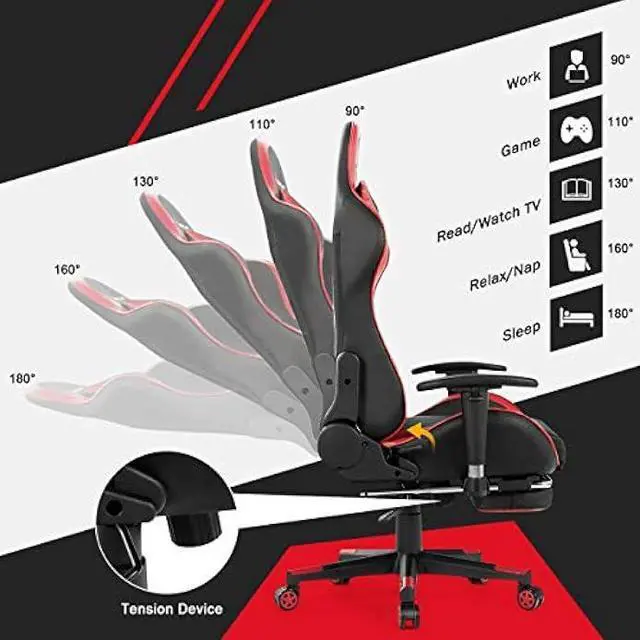 Alt view image 4 of 5 - Goplus Massage Gaming Chair, Reclining Backrest, Handrails and Seat Height Adjustment Racing Computer Office Chair, High Back Ergonomic PU Leather Swivel PC Game Chair with Footrest (Red)