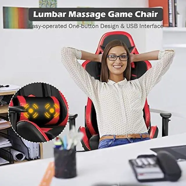 Alt view image 5 of 5 - Goplus Massage Gaming Chair, Reclining Backrest, Handrails and Seat Height Adjustment Racing Computer Office Chair, High Back Ergonomic PU Leather Swivel PC Game Chair with Footrest (Red)