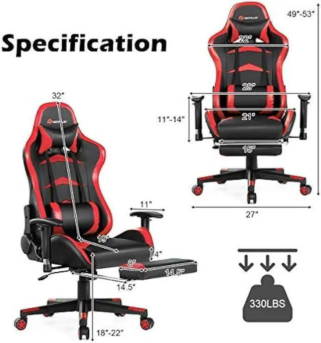 Alt view image 3 of 5 - Goplus Massage Gaming Chair, Reclining Backrest, Handrails and Seat Height Adjustment Racing Computer Office Chair, High Back Ergonomic PU Leather Swivel PC Game Chair with Footrest (Red)