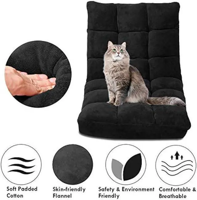 Alt view image 5 of 5 - Giantex Floor Chairs for Adults - Floor Gaming Chair with Back Support, Coral Velvet, 14 Adjustable Position, Thick Sponge Padding, Floor Seating Lounge for Reading, Watching TV, Meditation (Black)