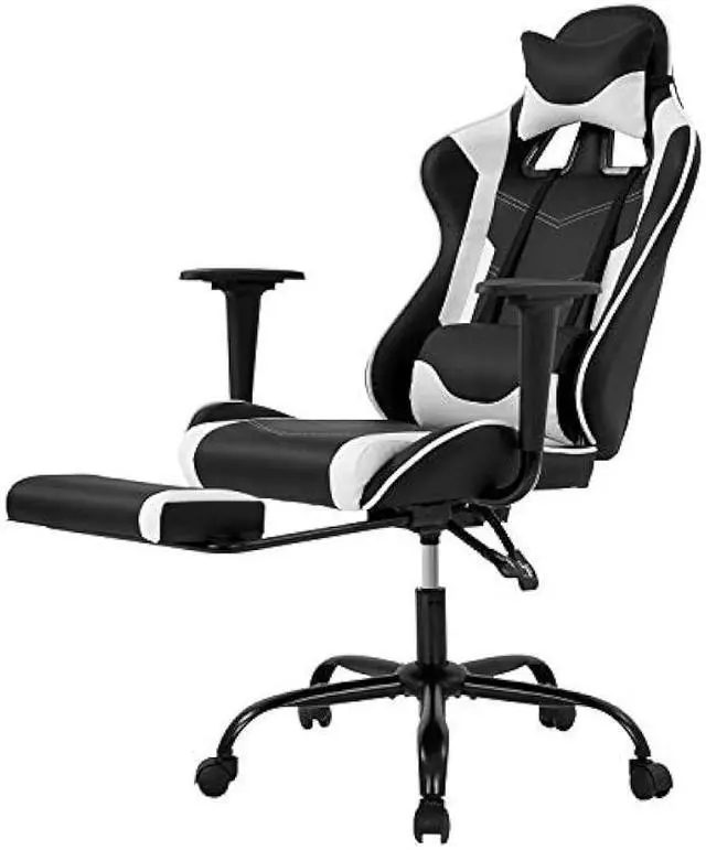 Main image of BestOffice Ergonomic PC Racing Gaming Chair Cheap Office Desk Chair PU Leather Computer Chair Lumbar Support with Footrest Modern Task Rolling Swivel Chair for Women, Men(White)