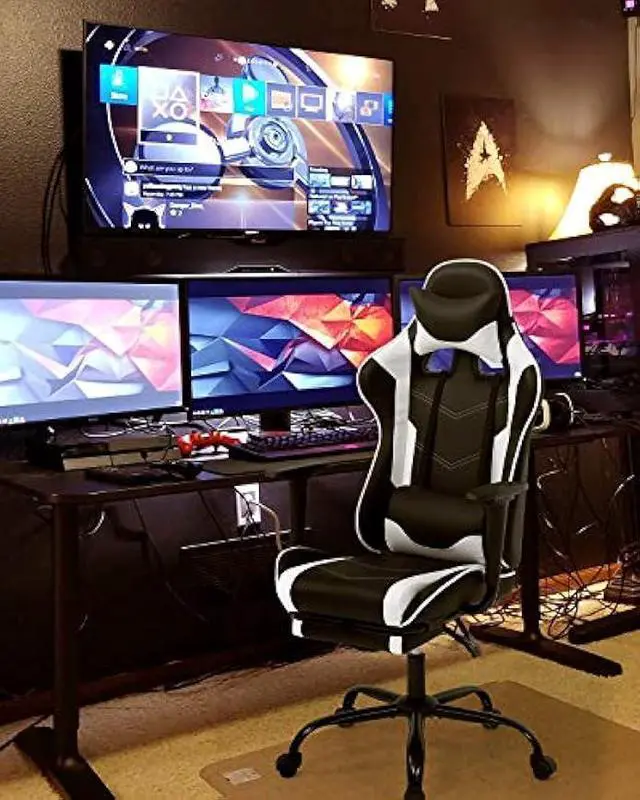 Alt view image 2 of 7 - BestOffice Ergonomic PC Racing Gaming Chair Cheap Office Desk Chair PU Leather Computer Chair Lumbar Support with Footrest Modern Task Rolling Swivel Chair for Women, Men(White)