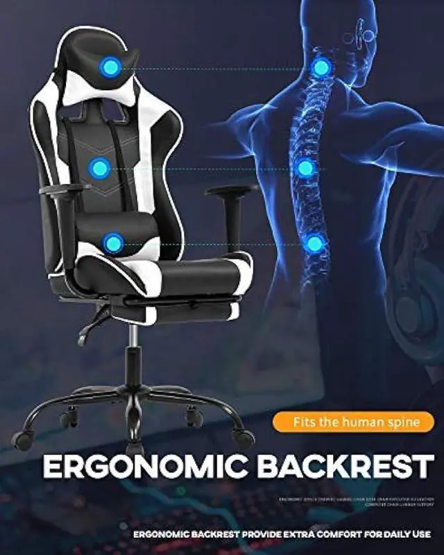 Alt view image 5 of 7 - BestOffice Ergonomic PC Racing Gaming Chair Cheap Office Desk Chair PU Leather Computer Chair Lumbar Support with Footrest Modern Task Rolling Swivel Chair for Women, Men(White)