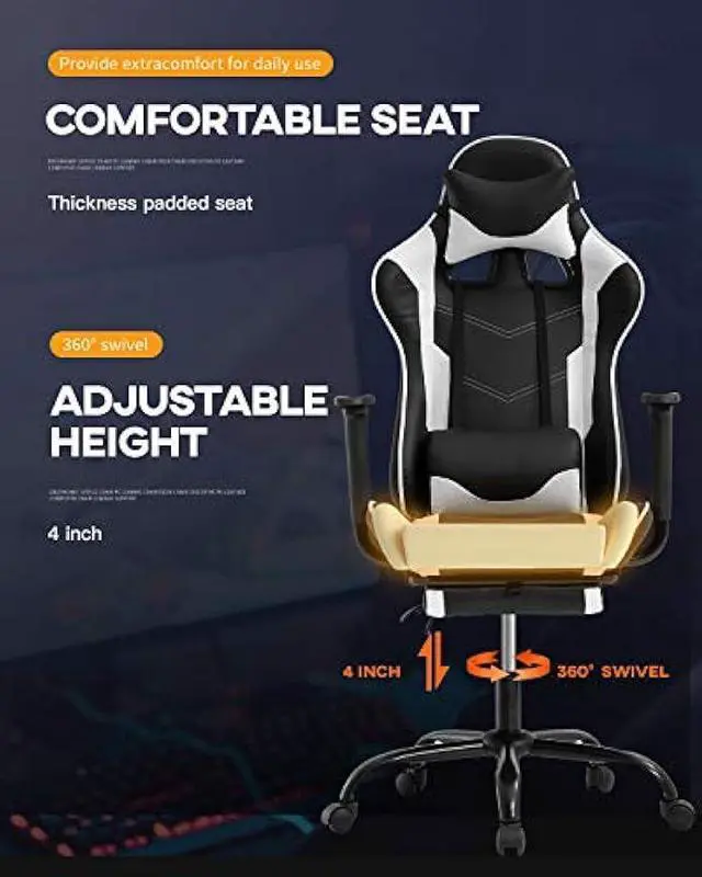 Alt view image 7 of 7 - BestOffice Ergonomic PC Racing Gaming Chair Cheap Office Desk Chair PU Leather Computer Chair Lumbar Support with Footrest Modern Task Rolling Swivel Chair for Women, Men(White)