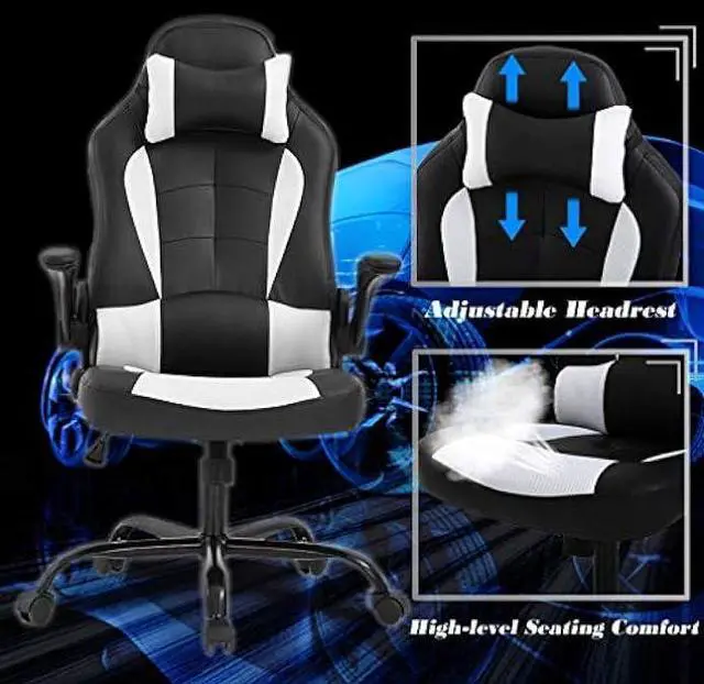 Alt view image 4 of 4 - Massage Gaming Chair Office Chair Ergonomic PU Leather Desk Chair with Lumbar Support, Headrest, Flip-Up Armrests, and Swivel Rolling Base, Ideal for Women Adults, White