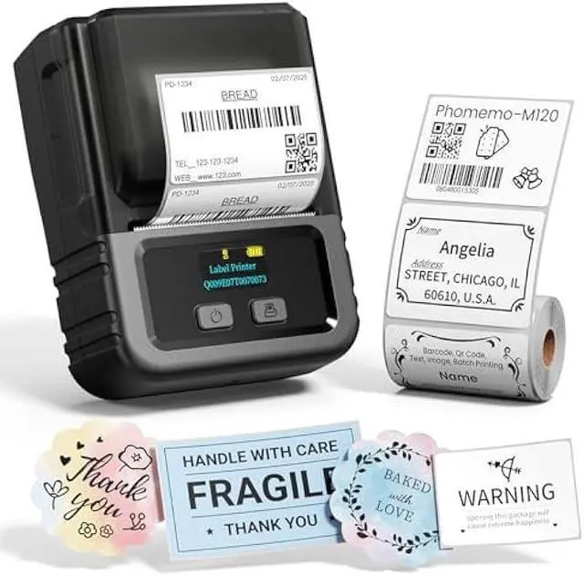 Main image of Phomemo M120 Label Maker, 2 Inch Barcode Printer, Portable Thermal Label Maker for Small Bussiness, Barcode, QR Code, Name, Address, Logo, Clothing, Office, Home, Sticker Printer for Phone/PC/Tablet