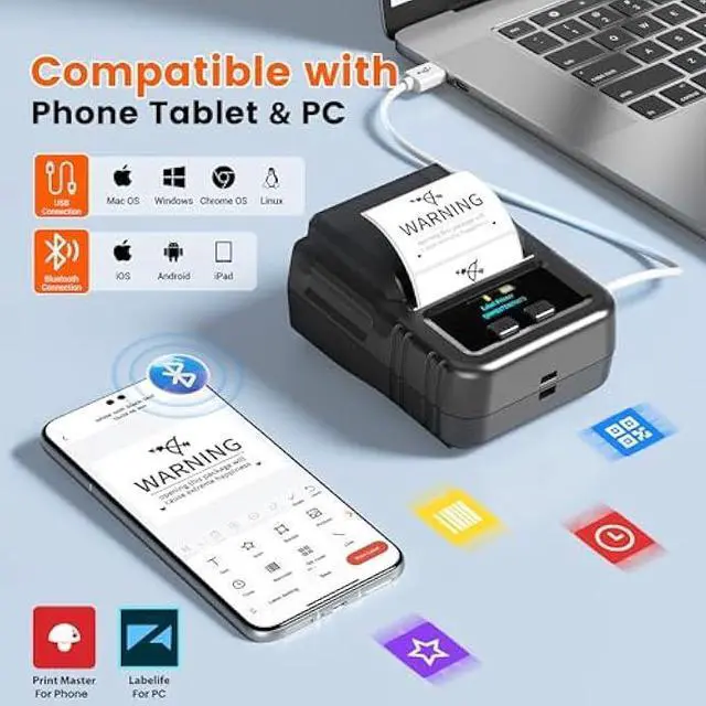 Alt view image 5 of 5 - Phomemo M120 Label Maker, 2 Inch Barcode Printer, Portable Thermal Label Maker for Small Bussiness, Barcode, QR Code, Name, Address, Logo, Clothing, Office, Home, Sticker Printer for Phone/PC/Tablet