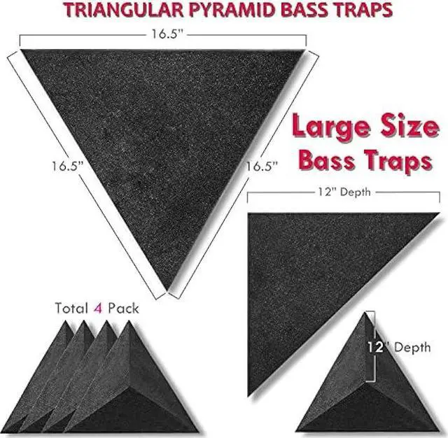 Alt view image 2 of 7 - 4 Pack Bass Traps for Ceiling Corner 16.5 Triangle 12 Depth Triangular Pyramid Acoustic Foam Bass Trap Sound Proofing for Home Studio Booth Low to High Frequency Sound Absorption Foam