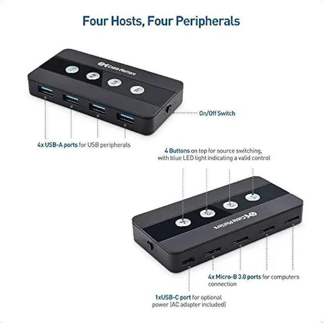 Alt view image 2 of 5 - Cable Matters 4 Port USB 3.0 Switch USB Sharing Switch for 4 Computers and USBA Peripherals - Button or Wireless Remote Control Switching - Includes a USBC Adapter for USBC USB4 and Thunderbolt 4