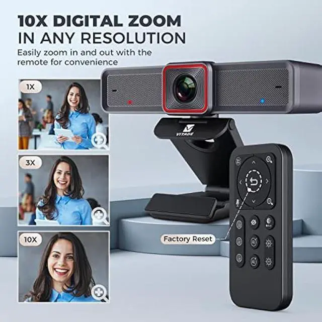 Alt view image 4 of 6 - 4K Webcam with AI-Powered Framing,Remote Control Web Camera/10X Digital Zoom 4k 30fps Web cam with USB 3.0 HDR/Dual Noise Cancelling Microphones for PC Mac, Streaming, Video Call, Zoom, Skype