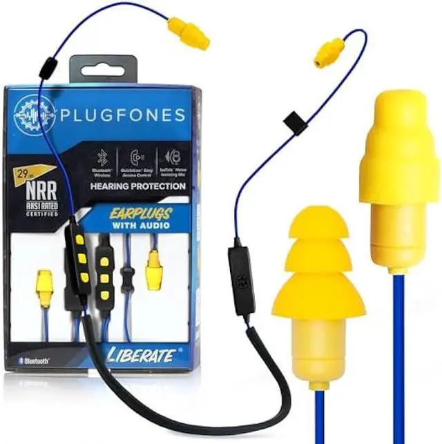 Main image of Plugfones Liberate 2.0 Wireless Bluetooth in-Ear Earplug Earbuds- 29NRR Noise Reduction Headphones with Noise Isolating Mic and Controls (Blue & Yellow)
