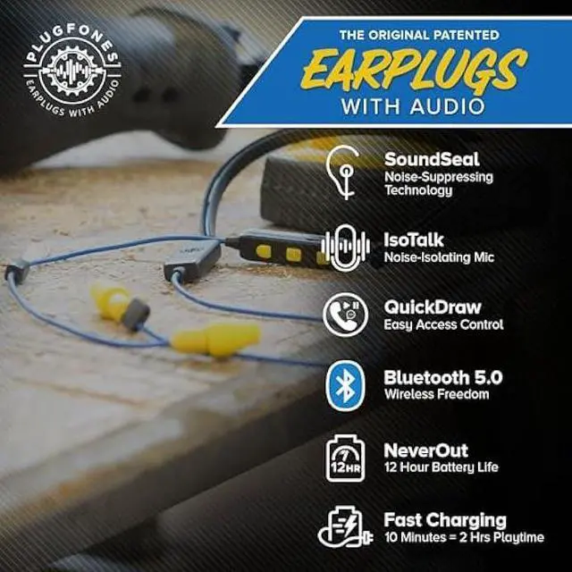 Alt view image 3 of 5 - Plugfones Liberate 2.0 Wireless Bluetooth in-Ear Earplug Earbuds- 29NRR Noise Reduction Headphones with Noise Isolating Mic and Controls (Blue & Yellow)