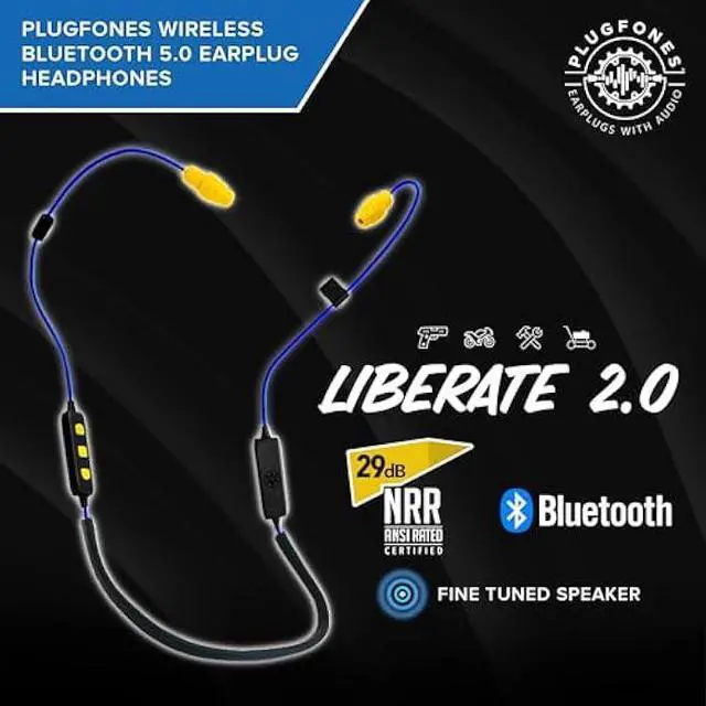 Alt view image 2 of 5 - Plugfones Liberate 2.0 Wireless Bluetooth in-Ear Earplug Earbuds- 29NRR Noise Reduction Headphones with Noise Isolating Mic and Controls (Blue & Yellow)