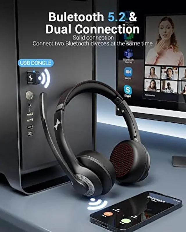 Alt view image 2 of 6 - Wireless Headset with Mic for Work, Bluetooth V5.2 Headphones with AI Noise Cancelling Microphone, USB Dongle, Clear Calls & Mic Mute, for Laptop, PC, iPhone & Android Phones