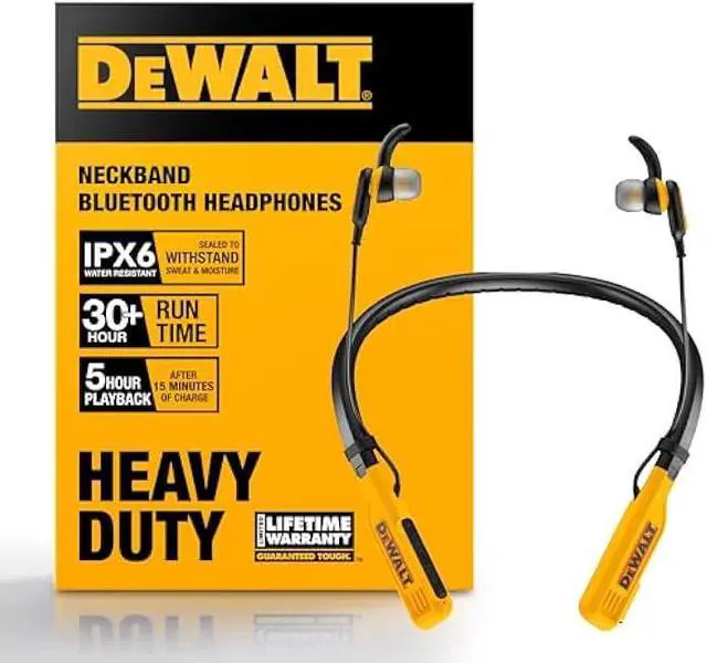 Main image of DEWALT Heavy Duty Bluetooth Neckband Headphones, Wireless Around The Neck Earbuds w/ 30H Runtime + Noise Isolation, Secure Magnetic Wireless Earbuds, Jobsite Pro Built-in Mic Bluetooth Headsets