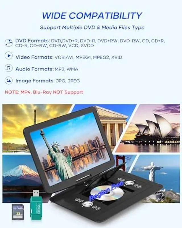 Alt view image 4 of 5 - WONNIE 17.9 Portable DVD Player with 15.4 Large HD Swivel Screen, 6 Hours Rechargeable Battery, DVD Player Portable Support MP4, MKV Video & USB/SD Card/Sync TV, High Volume Speaker, All Regions