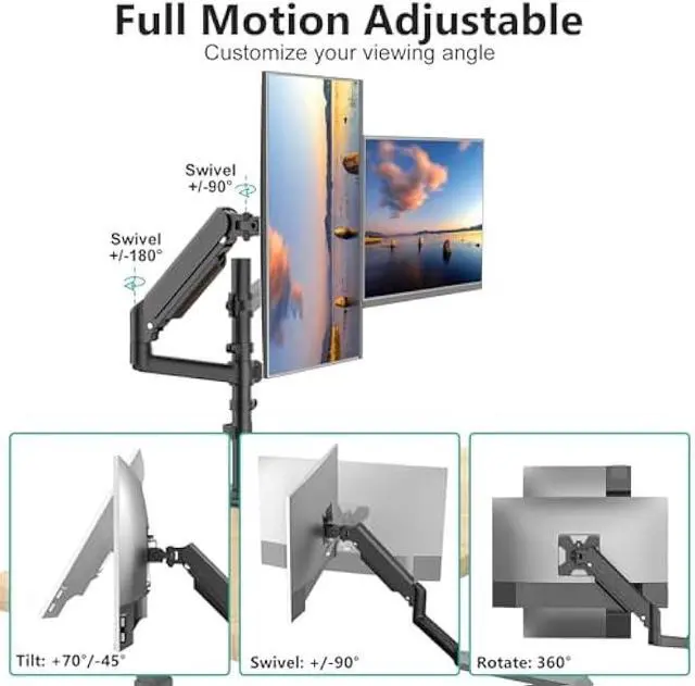 Alt view image 2 of 5 - WALI Dual Monitor Mount, 13-32 Inch Adjustable Spring Dual Monitor Arm for Desk Holds Max 19.8 lbs Screens, Swivel Vesa Bracket with C Clamp, Grommet Mounting, Monitor Arms for 2 Monitors (GSDM002)