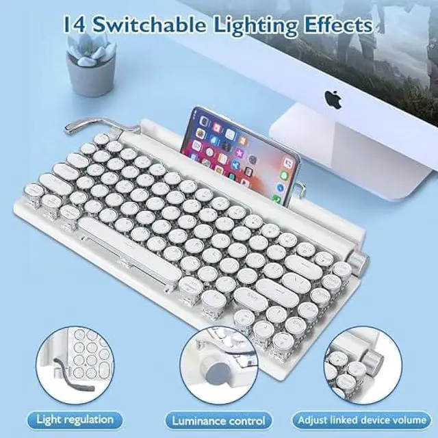 Alt view image 3 of 6 - Adventurers Retro Typewriter Keyboard, 75% Layout 83 Keys Wireless Keyboard with Blue Switch,Bluetooth 5.0 and Multi-Device Switching,Vintage Punk Style,Hot-Swappable for PC/Laptops/Mac/ipad-White