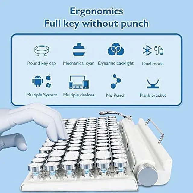 Alt view image 5 of 6 - Adventurers Retro Typewriter Keyboard, 75% Layout 83 Keys Wireless Keyboard with Blue Switch,Bluetooth 5.0 and Multi-Device Switching,Vintage Punk Style,Hot-Swappable for PC/Laptops/Mac/ipad-White
