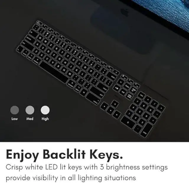 Alt view image 2 of 5 - Macally Backlit Mac Keyboard - Quiet, Sleek, and Functional - 3 Brightness Levels, 107 Keys, 5ft USB Wired - Apple Keyboard - Backlit Wired for Mac, iMac, MacBook Pro/Air - Space Gray