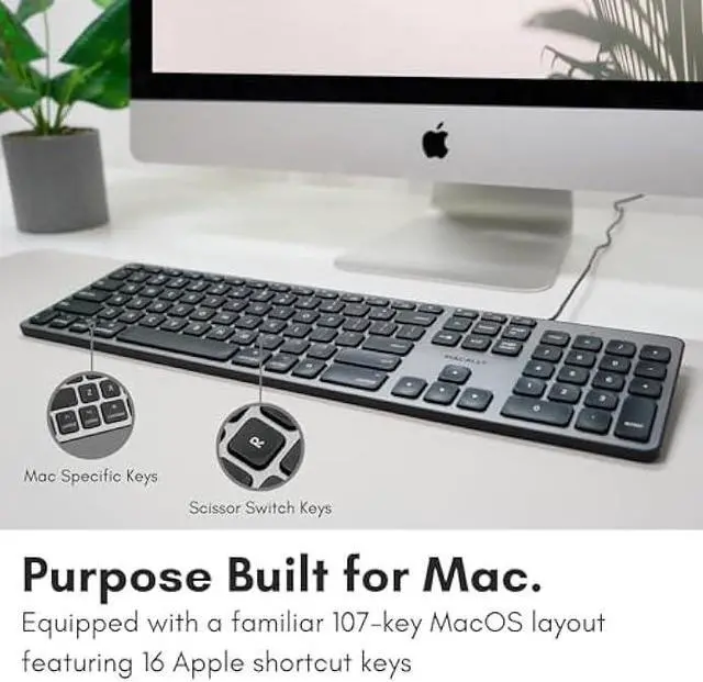 Alt view image 3 of 5 - Macally Backlit Mac Keyboard - Quiet, Sleek, and Functional - 3 Brightness Levels, 107 Keys, 5ft USB Wired - Apple Keyboard - Backlit Wired for Mac, iMac, MacBook Pro/Air - Space Gray