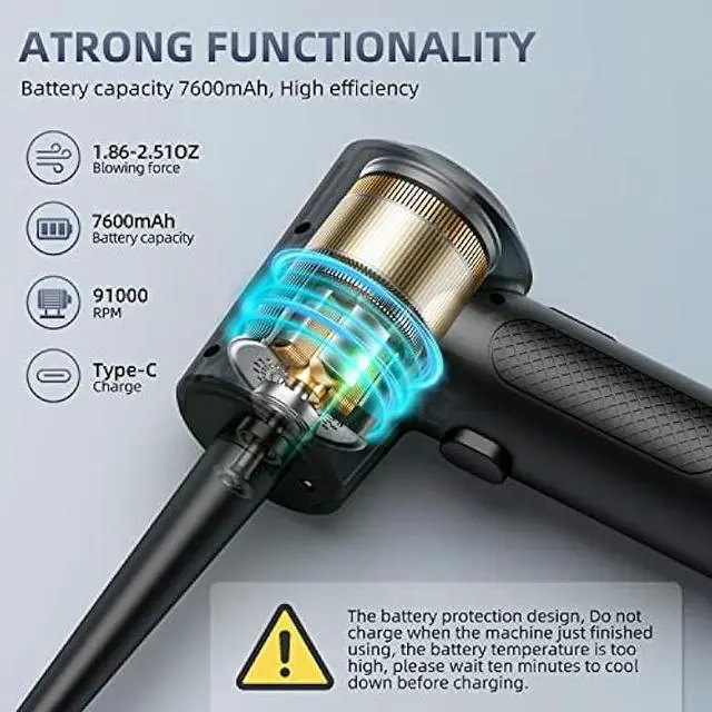 Alt view image 5 of 5 - Electric Compressed Air Duster - 91000RPM High-Power Cordless Rechargeable Air Blower for PC, Keyboard, Computer & Electronics Cleaning - Portable Air Can Replacement for Office, Car, Home & Dusting