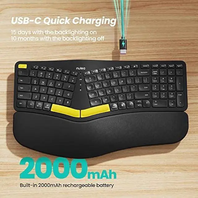 Alt view image 3 of 5 - Nulea Wireless Ergonomic Keyboard, Split Keyboard with Wrist Rest, USB-C Charging, 7-Color Backlight, Natural Typing, Bluetooth and USB Connectivity, Compatible with Windows/Mac
