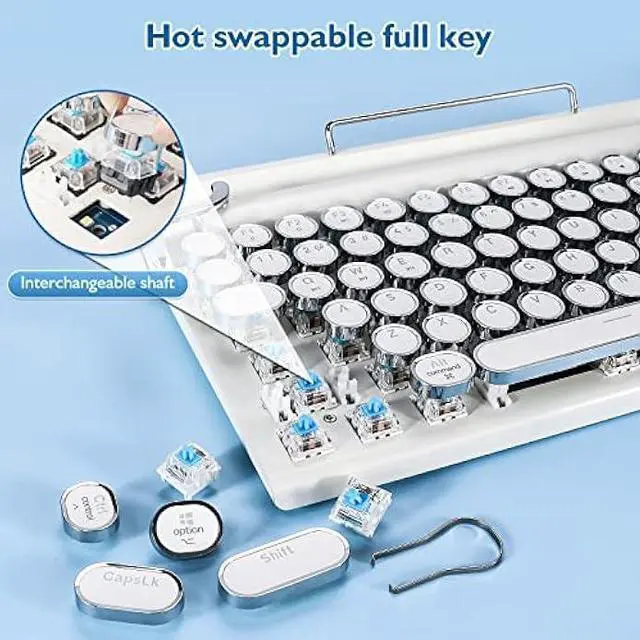 Alt view image 4 of 6 - Adventurers Retro Typewriter Keyboard, 75% Layout 83 Keys Wireless Keyboard with Blue Switch,Bluetooth 5.0 and Multi-Device Switching,Vintage Punk Style,Hot-Swappable for PC/Laptops/Mac/ipad-White