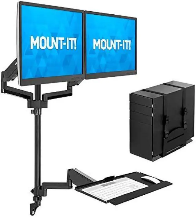 Main image of Mount-It! Wall Mount Workstation with Dual Monitor Mount, Keyboard Tray and CPU Holder, Height Adjustable Full Motion Arms, Fits Two 32 Inch Computer Screens