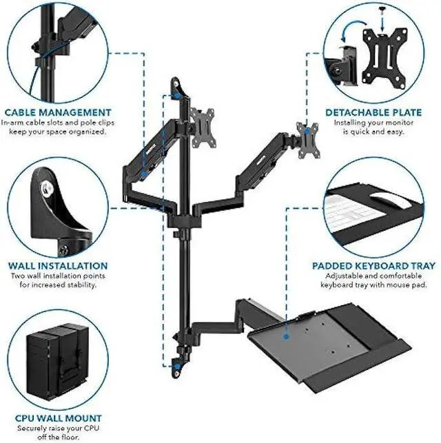 Alt view image 4 of 5 - Mount-It! Wall Mount Workstation with Dual Monitor Mount, Keyboard Tray and CPU Holder, Height Adjustable Full Motion Arms, Fits Two 32 Inch Computer Screens