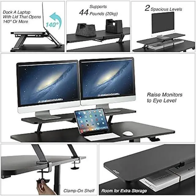 Alt view image 4 of 6 - AVLT Clamp Desk Shelf Dual 32 Monitor Riser With Slide-out Holder for Convertible Laptop, Tablet, Smartphone (Black) - Floating Stand (Clamp-On Shelf Only)
