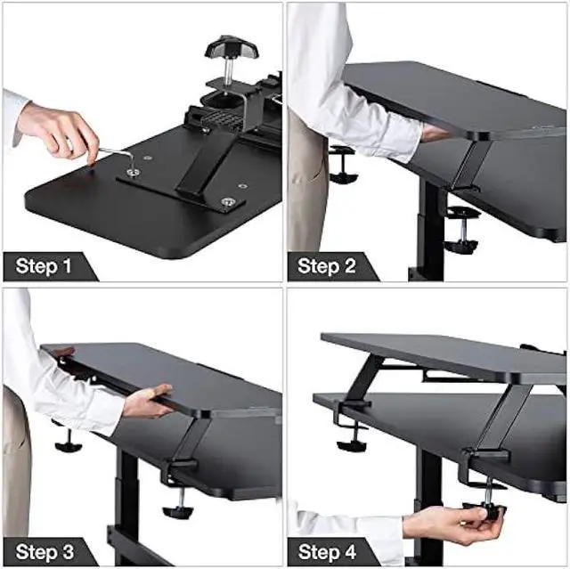 Alt view image 6 of 6 - AVLT Clamp Desk Shelf Dual 32 Monitor Riser With Slide-out Holder for Convertible Laptop, Tablet, Smartphone (Black) - Floating Stand (Clamp-On Shelf Only)