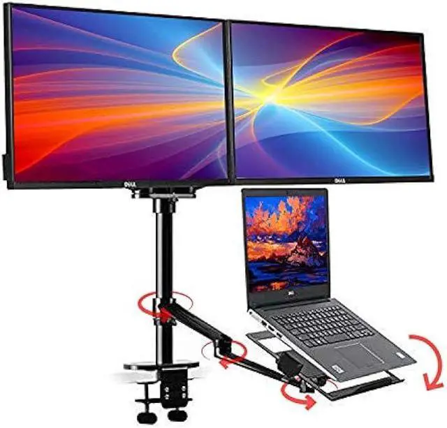 Main image of Height Adjustable 3 in 1 Laptop Monitor Stand Compatible with 13 to 17.3 inch Laptop, Hold 2 Monitors 11 to 27 inch with Vesa, Monitor Desk Stand arm Riser Mount Stand Workstation (Black)