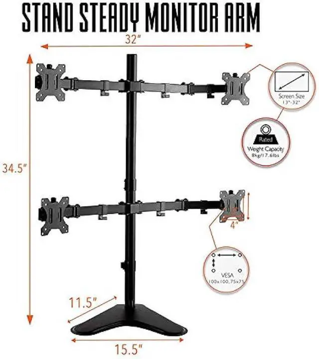 Alt view image 2 of 5 - Stand Steady 4-Monitor Mount | Height-Adjustable Stand with Stabilizing Base - Fits Most LCD/LED Monitors 17-32 in (Black)