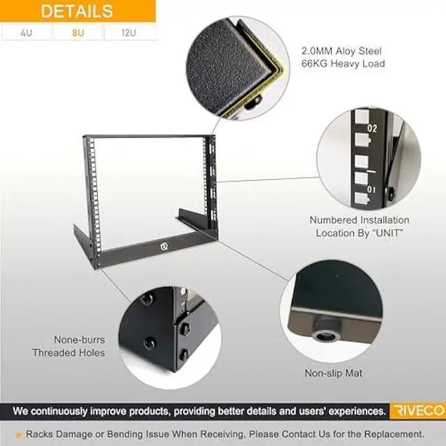 Alt view image 2 of 5 - RIVECO 8U Desktop Rack for Network & Audio, 19 Inch 2 Post Open Frame Cabinet with Reinforced Beam, Free Standing Tabletop Racks for IT Server Music Recording Studio AV Equipment