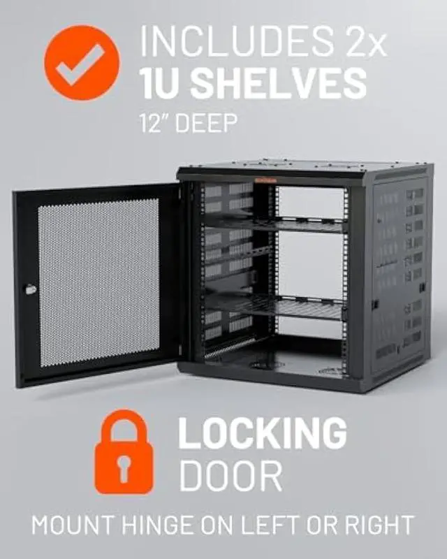 Alt view image 3 of 5 - ECHOGEAR 12U Network Rack - Enclosed Wall Mount Rack Kit Includes 2X 1U Shelves, Pre-Mounted Fan, Lockable Door & Hardware - 600mm Depth Fits All Your AV Gear