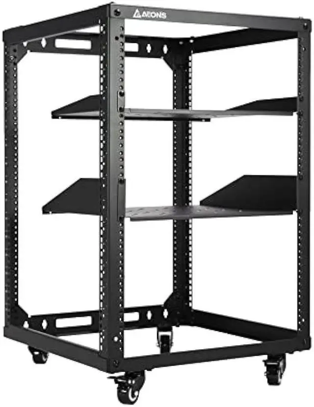 Main image of AEONS 15U Open Frame Network Server Rack 19-inch 4 Post AV Rack with Casters for Floor Standing and Wall Mount, Side Load for extra depth Complete Kit with 1U and 2U Vented Shelves, Black