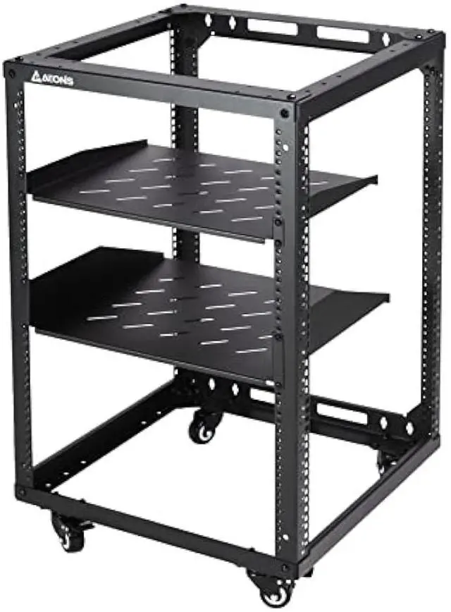 Alt view image 2 of 6 - AEONS 15U Open Frame Network Server Rack 19-inch 4 Post AV Rack with Casters for Floor Standing and Wall Mount, Side Load for extra depth Complete Kit with 1U and 2U Vented Shelves, Black