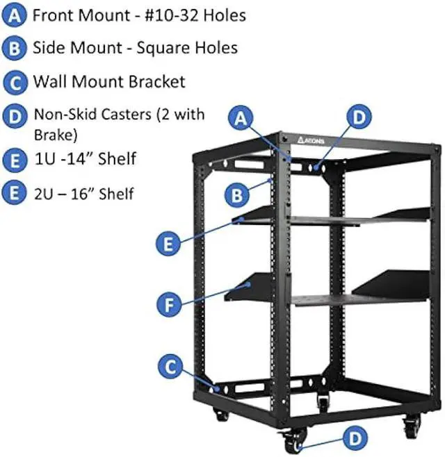 Alt view image 3 of 6 - AEONS 15U Open Frame Network Server Rack 19-inch 4 Post AV Rack with Casters for Floor Standing and Wall Mount, Side Load for extra depth Complete Kit with 1U and 2U Vented Shelves, Black
