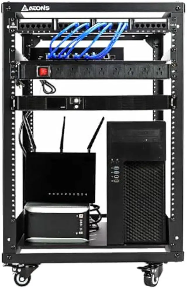Alt view image 6 of 6 - AEONS 15U Open Frame Network Server Rack 19-inch 4 Post AV Rack with Casters for Floor Standing and Wall Mount, Side Load for extra depth Complete Kit with 1U and 2U Vented Shelves, Black