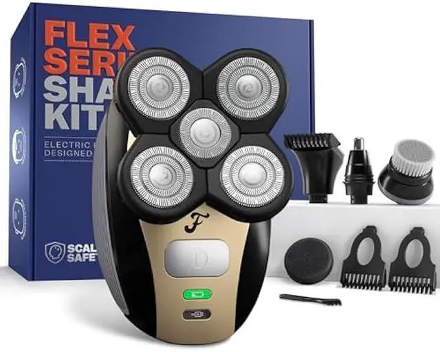Main image of Freebird FlexSeries Electric Head & Body Hair Shaver - Mens Cordless Rechargeable Wet/Dry Skull Bald Head Back & Groin Waterproof Razor with Rotary Blades, Clippers, Nose Trimmer, Brush, Massager