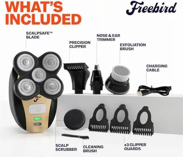 Alt view image 3 of 5 - Freebird FlexSeries Electric Head & Body Hair Shaver - Mens Cordless Rechargeable Wet/Dry Skull Bald Head Back & Groin Waterproof Razor with Rotary Blades, Clippers, Nose Trimmer, Brush, Massager