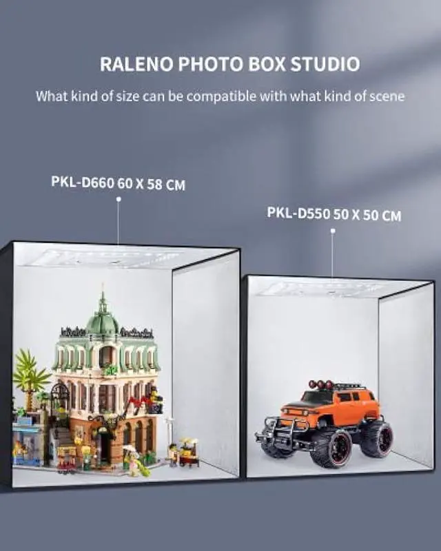 Alt view image 5 of 5 - RALENO Photo Studio Light Box, 24''X24'' Large Light Tent, Photo Light Box Photography (65W | 156pcs LED | 5500K | 97CRI | 6 Color PVC Backdrops | DC Power Adapter) for Product Photography