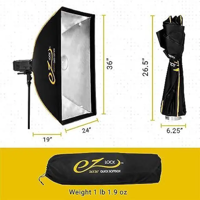 Alt view image 6 of 6 - Glow EZ Lock 24x36 Quick Strip Rectangular Bowens Mount Softbox Lighting Kit with External, Internal Diffusers, Deflector Disk and Eggcrate Grid, Folding Softbox for Photography Studio Lighting