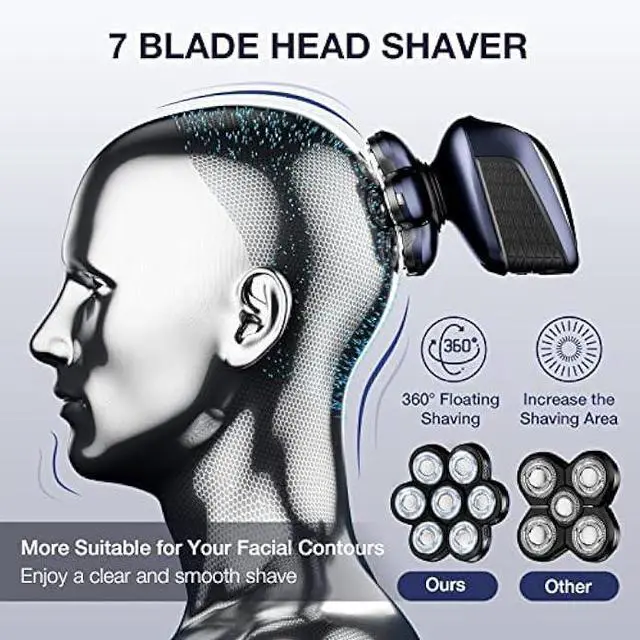 Alt view image 2 of 5 - Head Shaver 7D, Wyklaus Upgrade Head Shavers for Bald Men, Head Electric Razor with Nose Hair Trimmer, IPX6 Waterproof Wet/Dry Mens Grooming Kit, Anti-Pinch, LED Display, USB Rechargeable