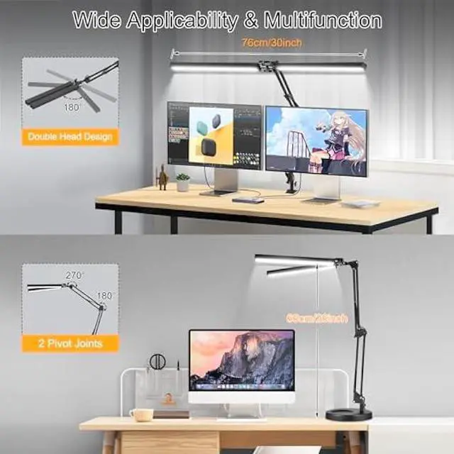Alt view image 3 of 5 - 2-in-1 LED Desk Lamp, 24W Brightestwith Table Lamp with Clamp, Desk Light with Flexible Swing Arm,3 Color Modes Stepless Dimmable Double Head Architect Desk Lamps for Home Office Workbench Reading