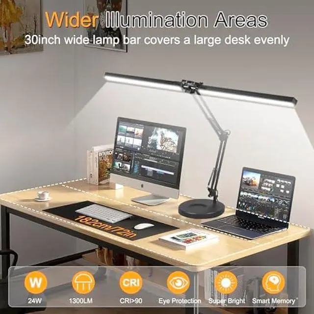 Alt view image 2 of 5 - 2-in-1 LED Desk Lamp, 24W Brightestwith Table Lamp with Clamp, Desk Light with Flexible Swing Arm,3 Color Modes Stepless Dimmable Double Head Architect Desk Lamps for Home Office Workbench Reading