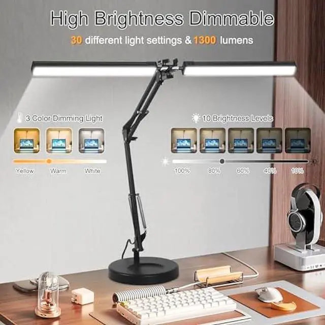 Alt view image 5 of 5 - 2-in-1 LED Desk Lamp, 24W Brightestwith Table Lamp with Clamp, Desk Light with Flexible Swing Arm,3 Color Modes Stepless Dimmable Double Head Architect Desk Lamps for Home Office Workbench Reading