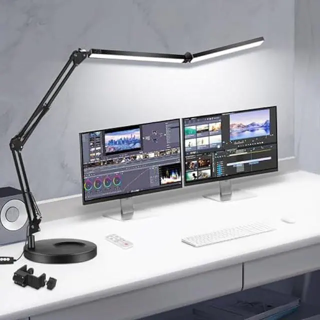 Main image of Toolour LED Desk Lamps for Home Office 2 in 1 Double Head Desk Lamp with Clamp Base,Remote Control,Dimmable Architect Clip on Desktop Computer Light Bar with Memory for Workbench Darkroom